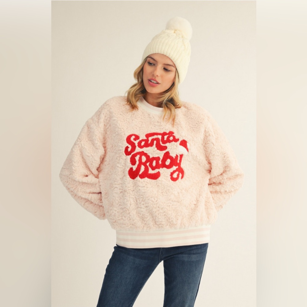 JODIFL Cream and Red Fuzzy Sweater